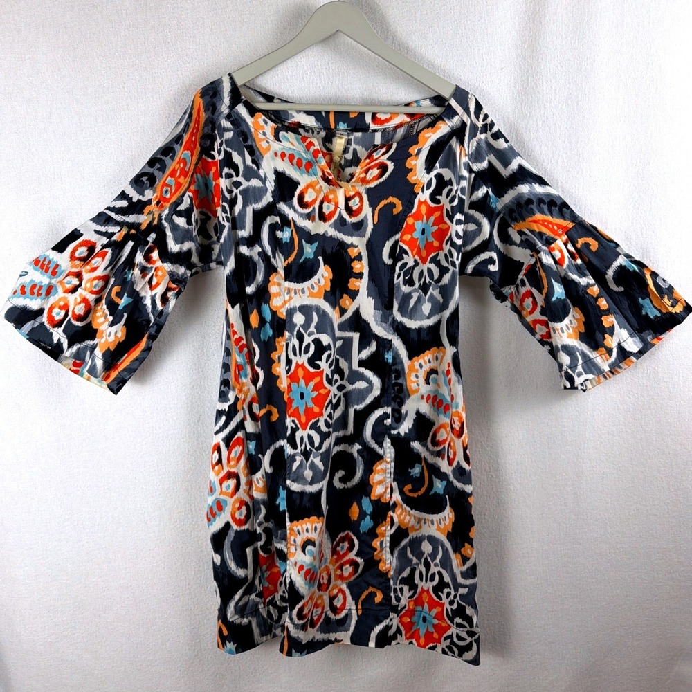 Uncle Frank Womens Ikat Paisley Bell Sleeve Shift Dress Blue Orange Medium USA